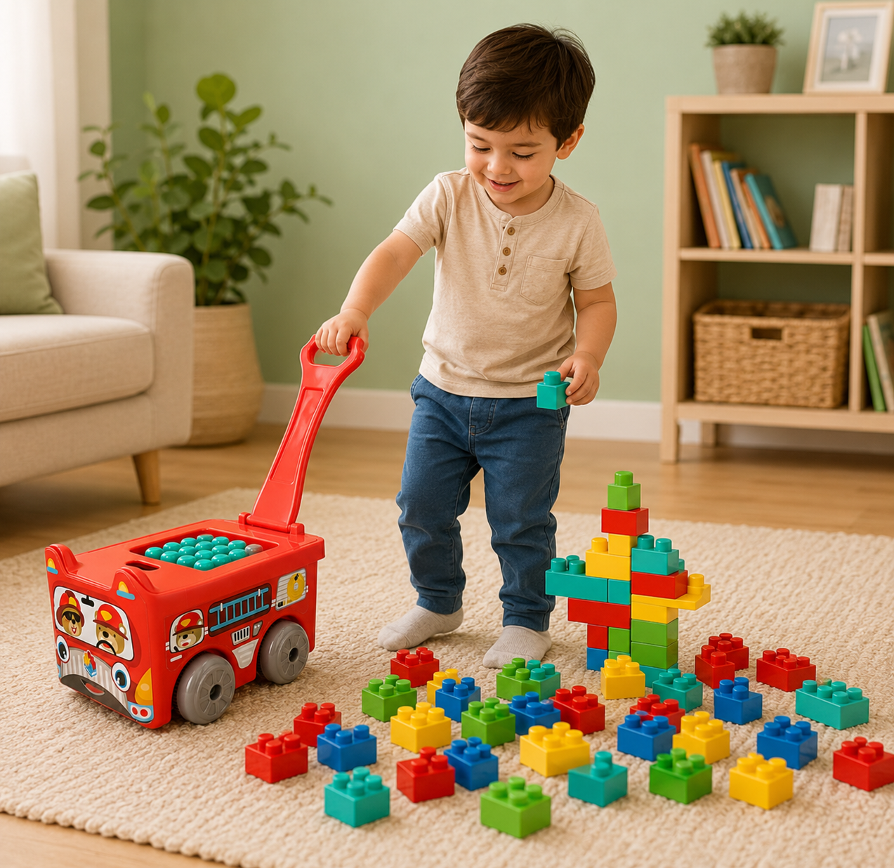 Fire Truck Pull Wagon with Building Blocks