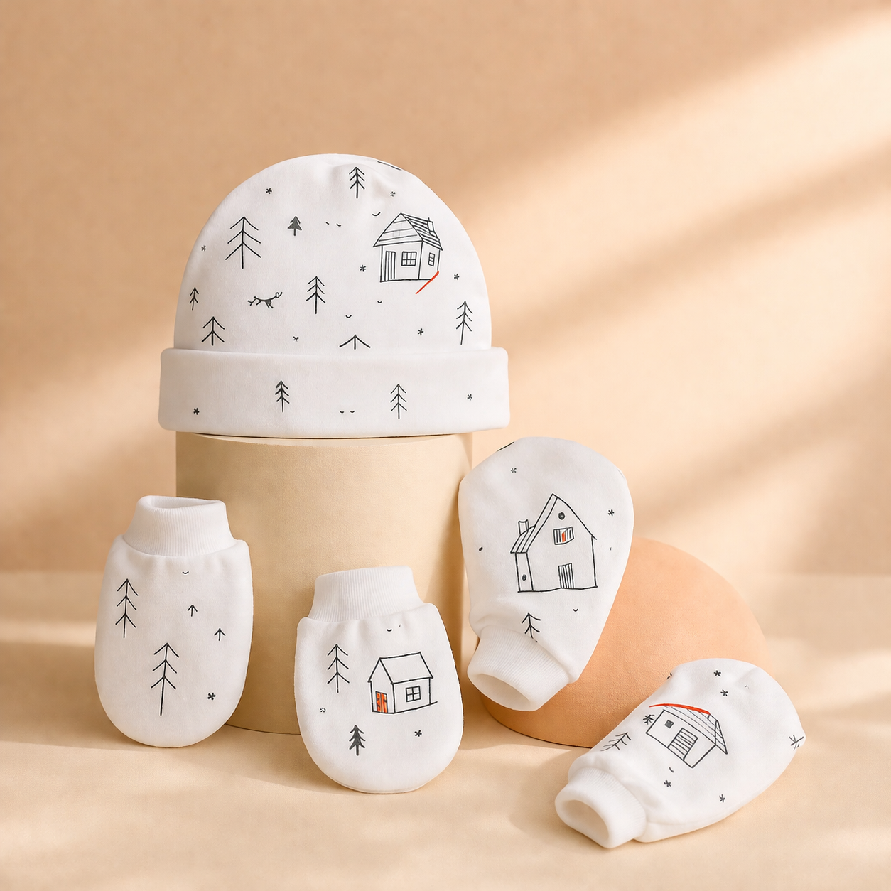 White Cabin Forest Newborn Cap, Mittens & Booties Set - Mamadada