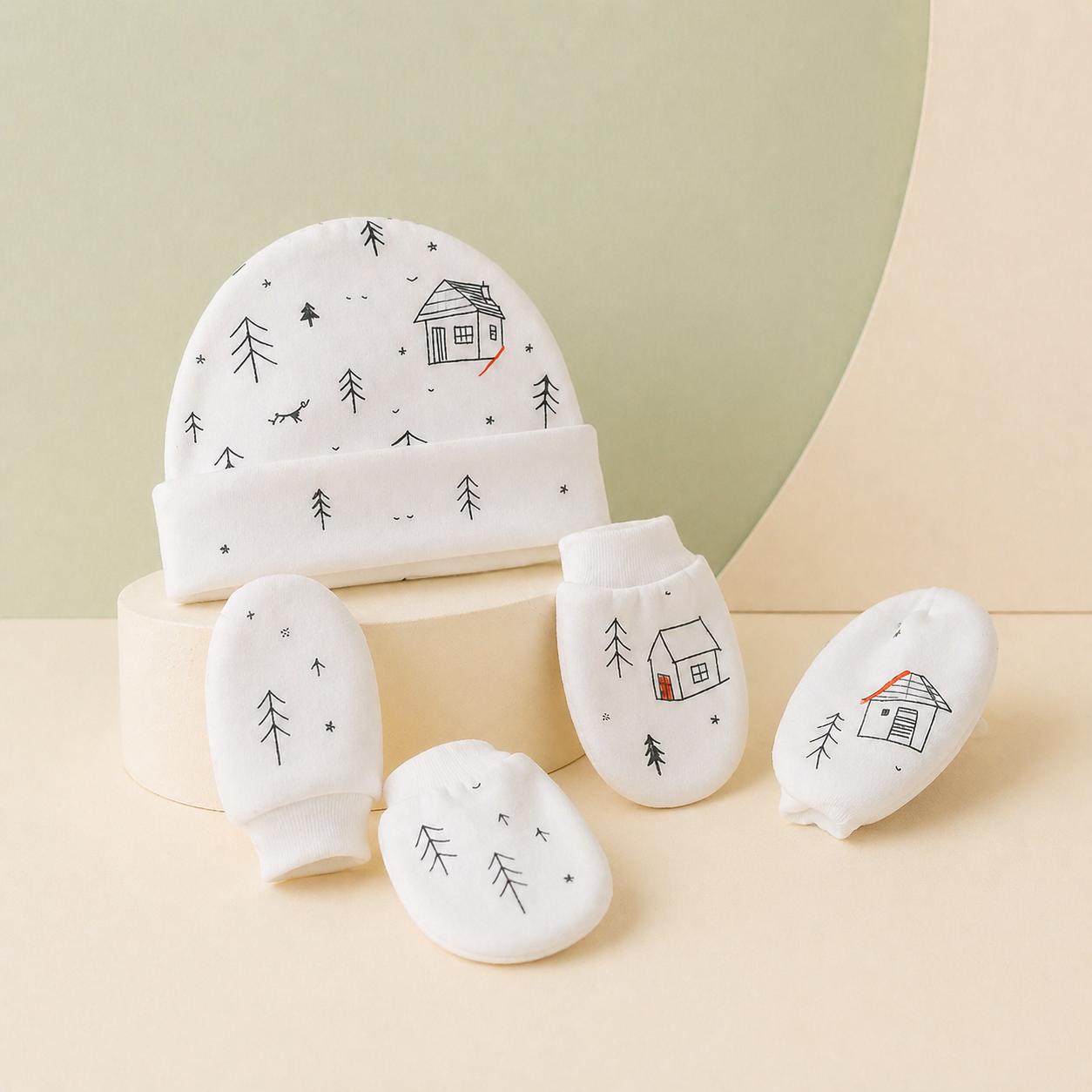 White Cabin Forest Newborn Cap, Mittens & Booties Set