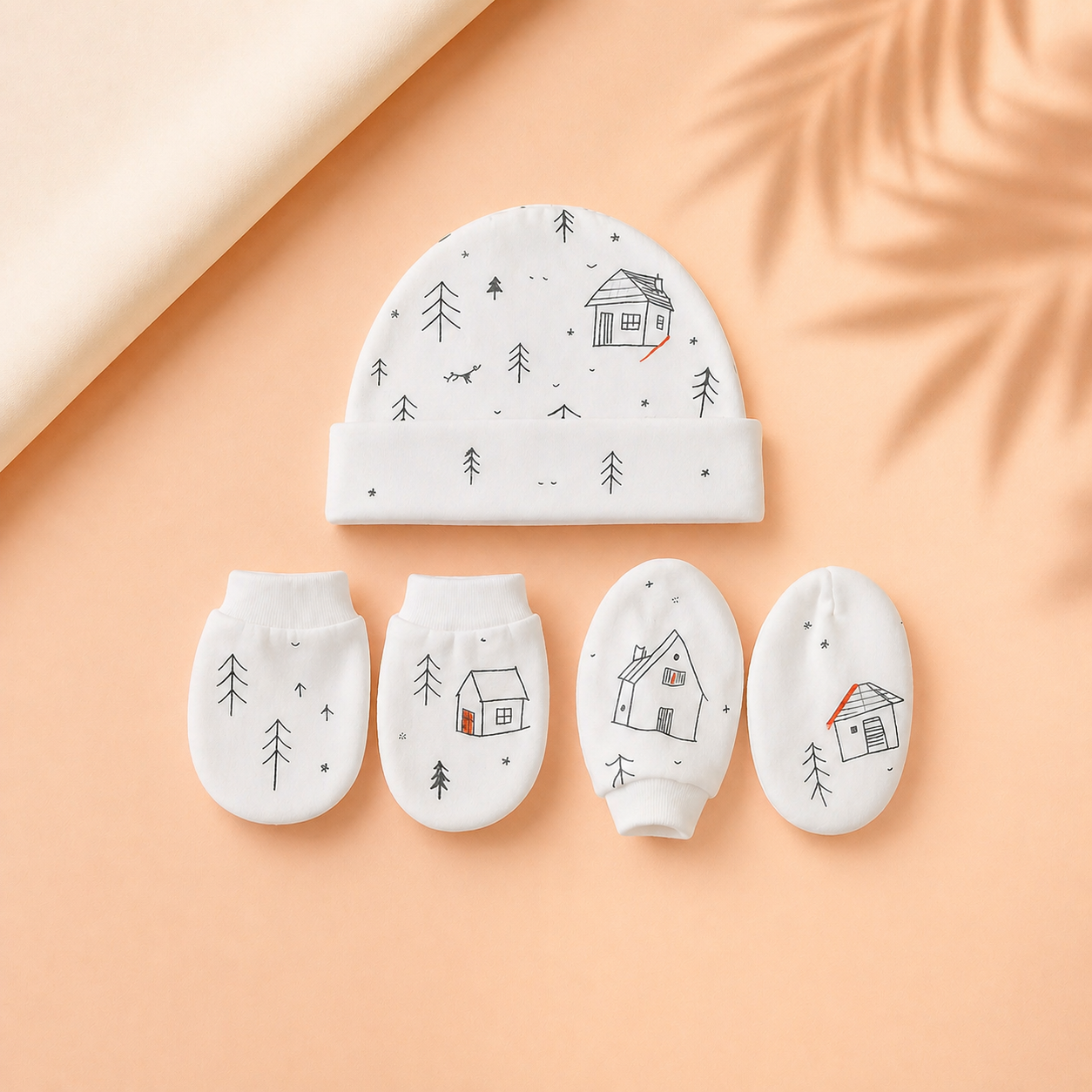 White Cabin Forest Newborn Cap, Mittens & Booties Set
