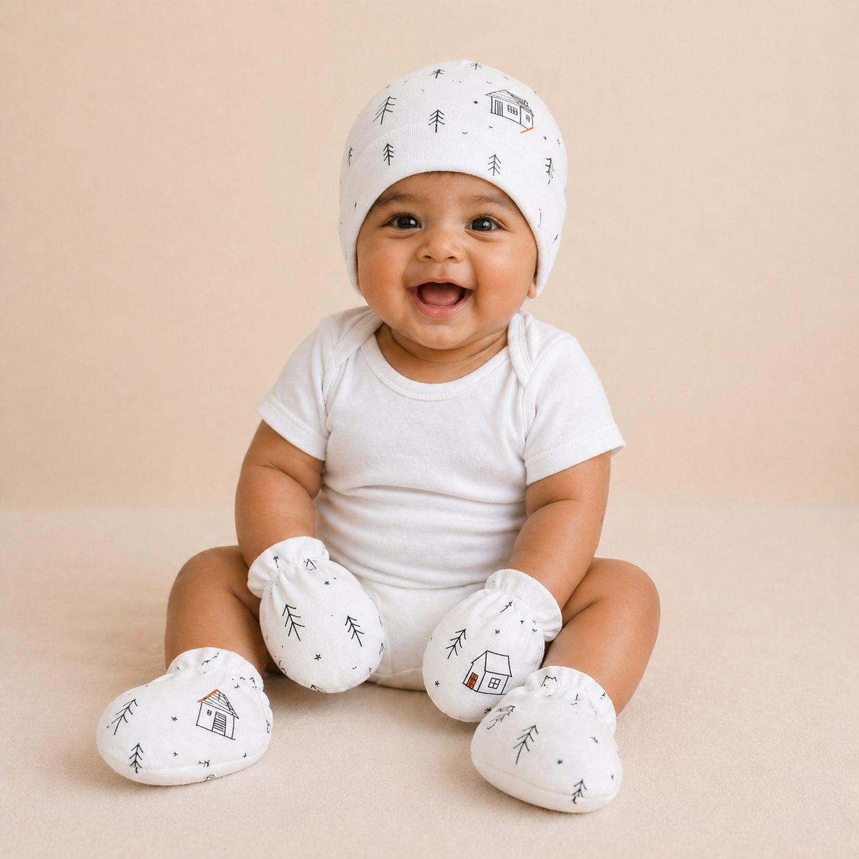 White Cabin Forest Newborn Cap, Mittens & Booties Set