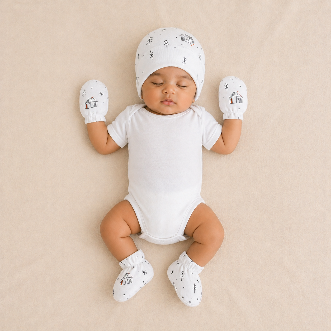White Cabin Forest Newborn Cap, Mittens & Booties Set