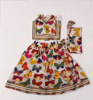 Multicolor Butterfly Print Lehenga Choli Set with Dupatta