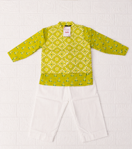 Lime Green Floral Print Kurta & White Pant Set