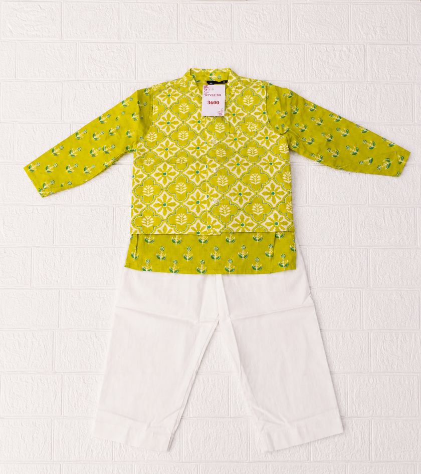 Lime Green Floral Print Kurta & White Pant Set
