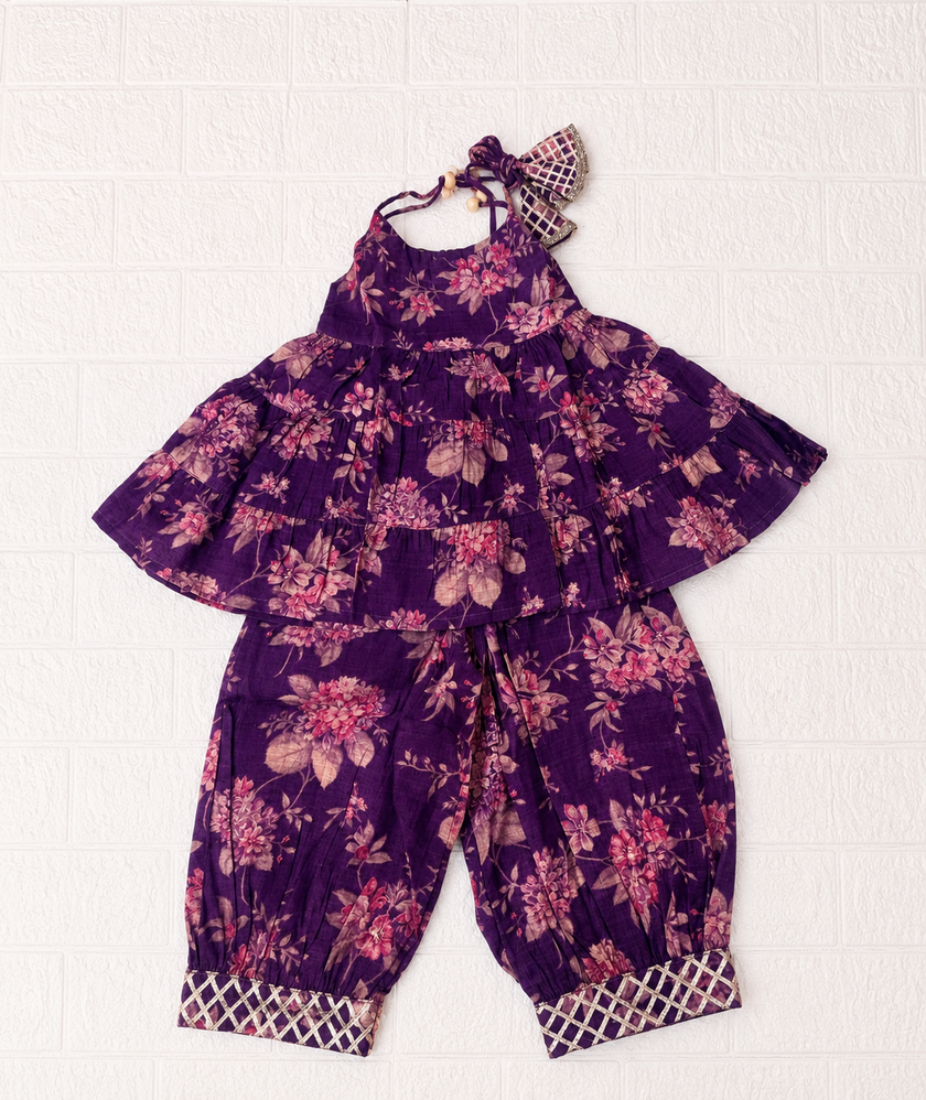 Purple Floral Peplum Top & Dhoti Pant Set