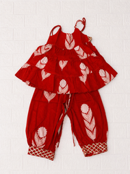 Red Floral Print Peplum Top & Dhoti Pant Set