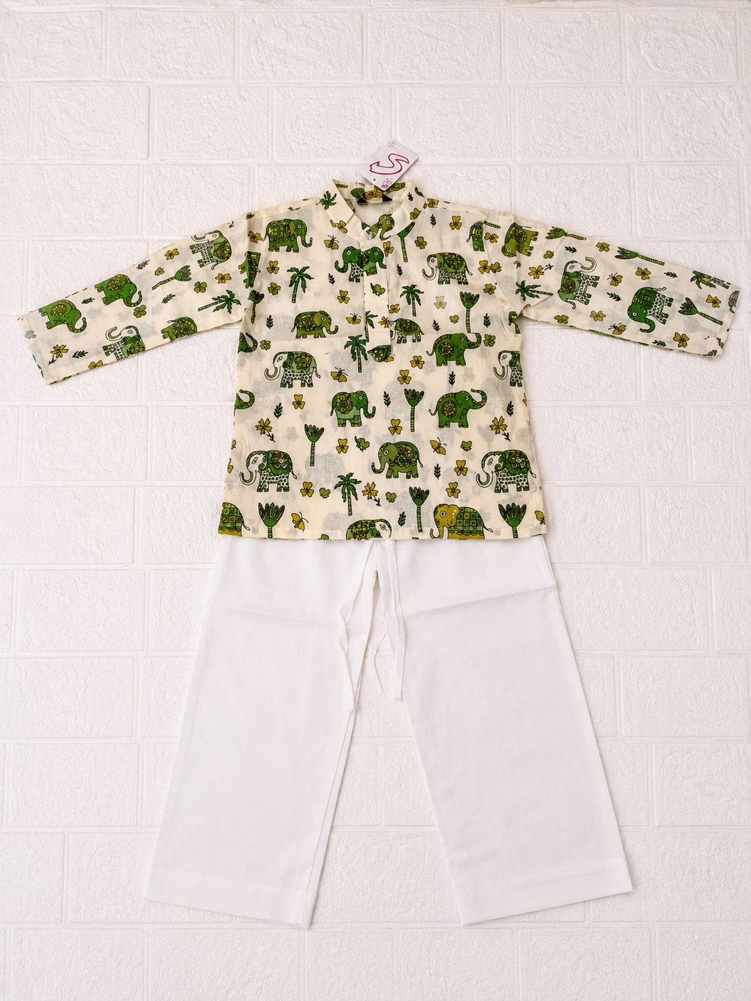 Ivory Elephant Print Kurta & White Pant Set - Mamadada