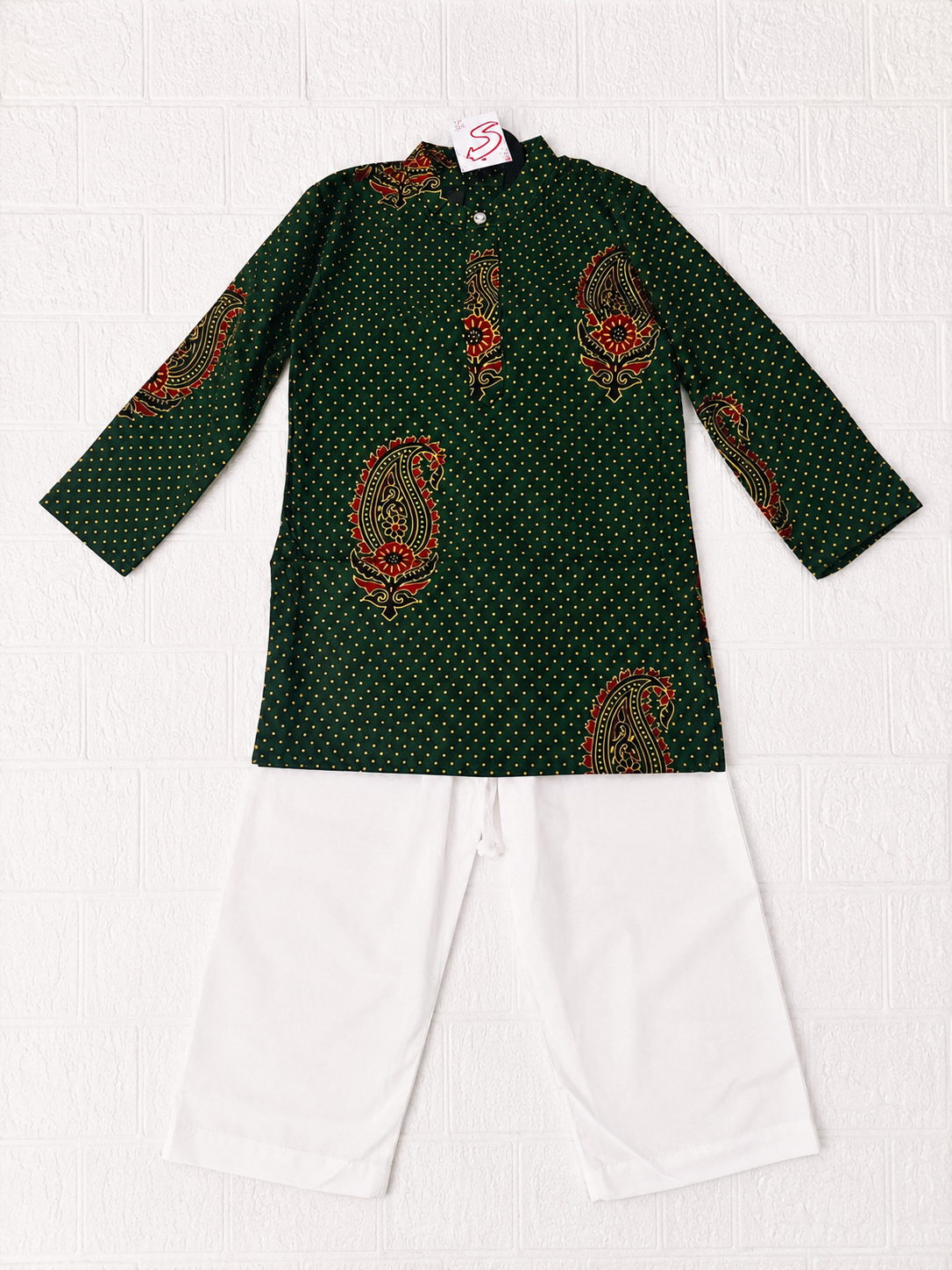 Bottle Green Paisley Print Kurta & White Pant Set - Mamadada