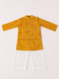 Mustard Yellow Printed Kurta & White Pant Ethnic Set
