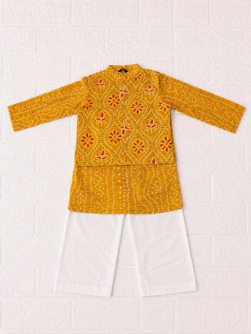 Mustard Yellow Printed Kurta & White Pant Ethnic Set