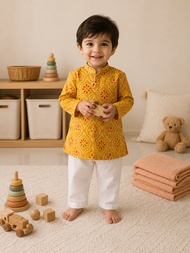 Mustard Yellow Printed Kurta & White Pant Ethnic Set