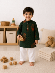 Bottle Green Paisley Print Kurta & White Pant Set