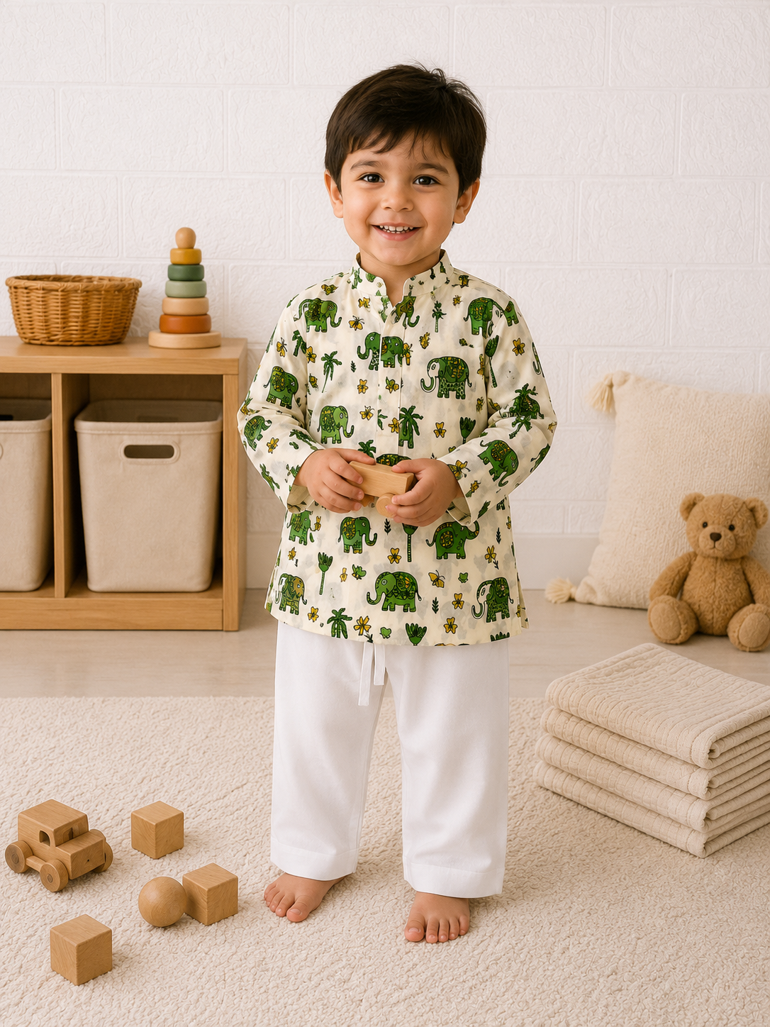 Ivory Elephant Print Kurta & White Pant Set - Mamadada