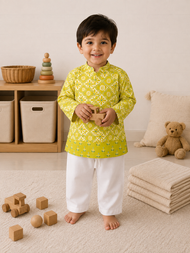 Lime Green Floral Print Kurta & White Pant Set
