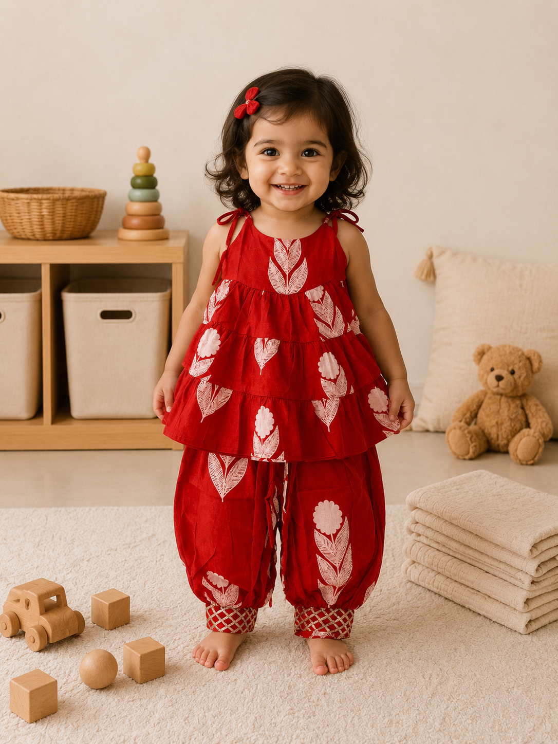 Red Floral Print Peplum Top & Dhoti Pant Set