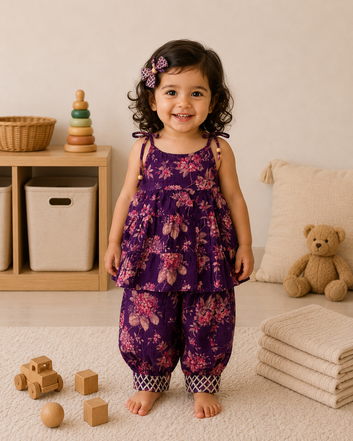 Purple Floral Peplum Top & Dhoti Pant Set