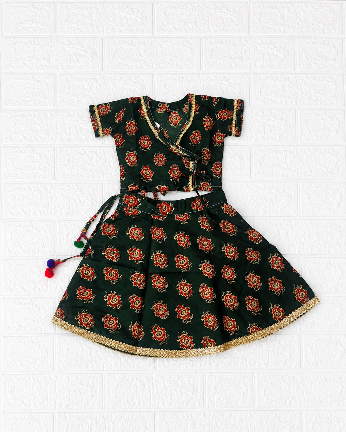 Traditional Floral Print Lehenga Choli Set – Dark Green - Mamadada