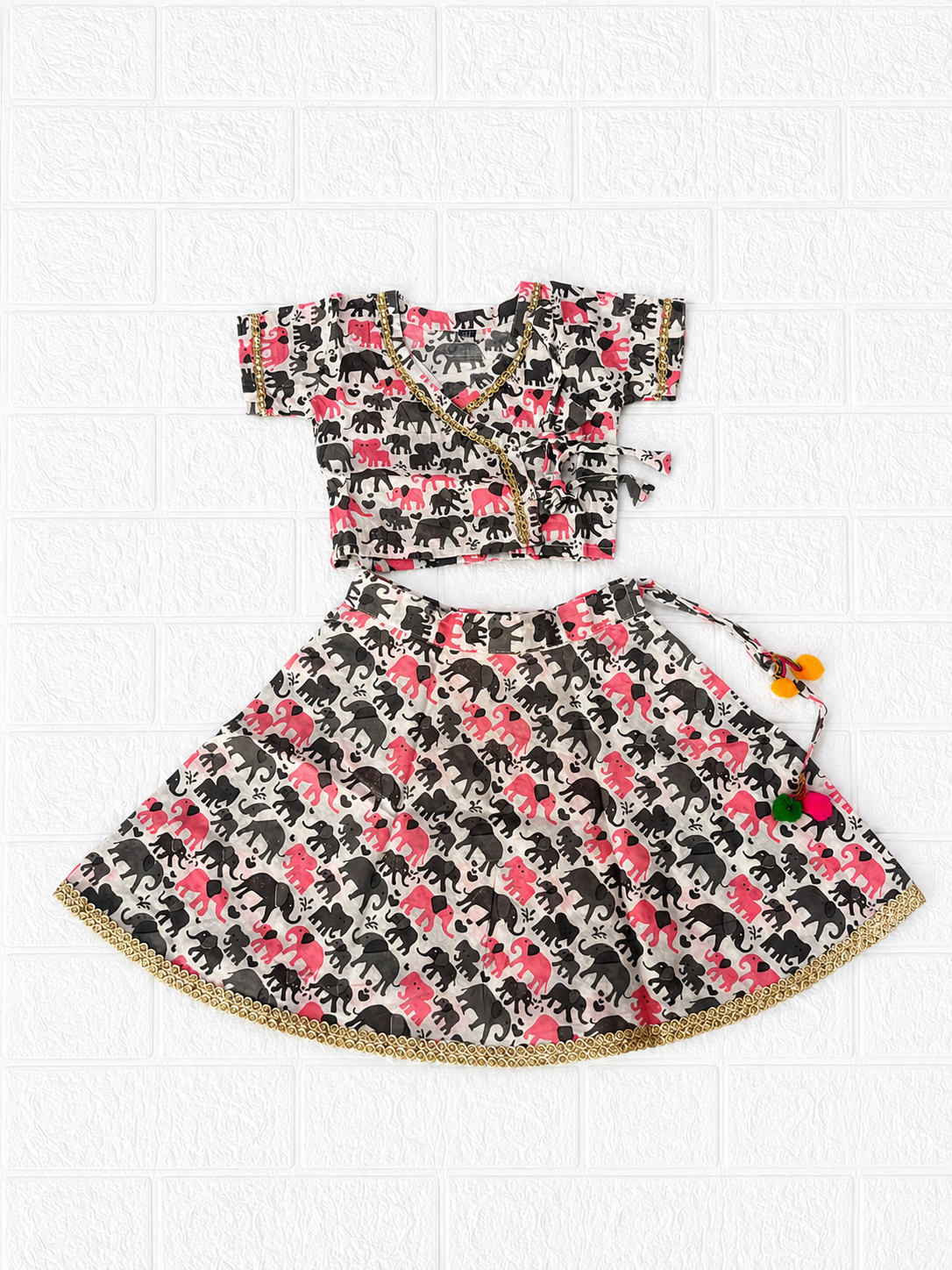 Elephant Print Traditional Lehenga Choli Set – Pink & Grey