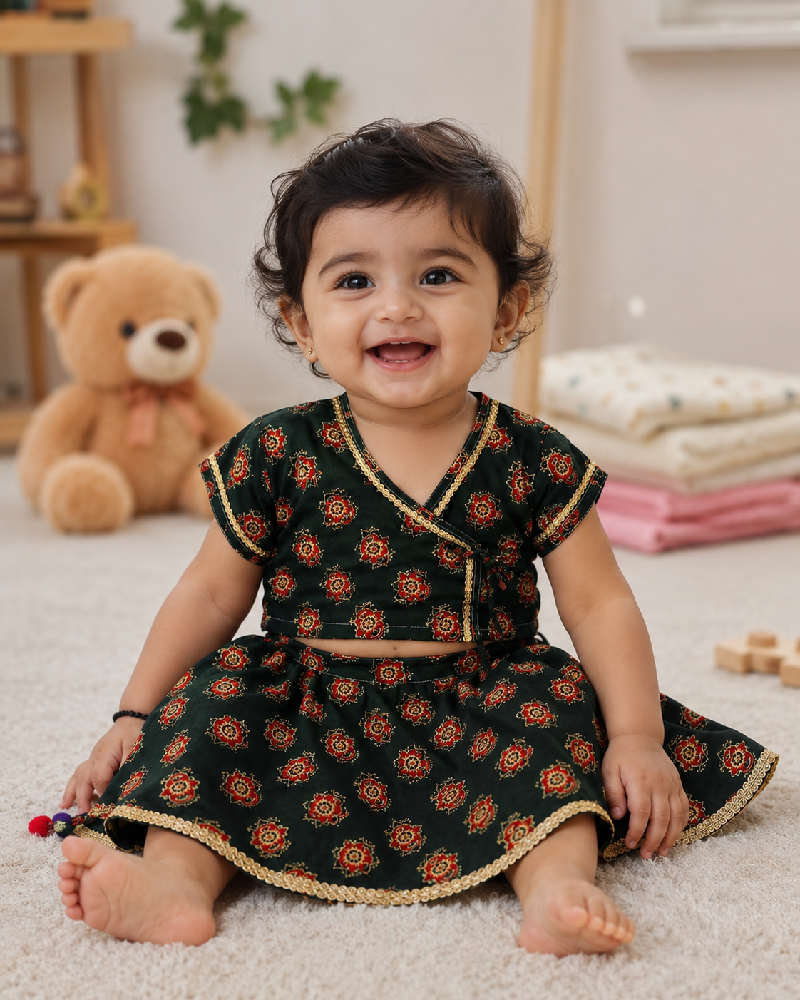 Traditional Floral Print Lehenga Choli Set – Dark Green - Mamadada
