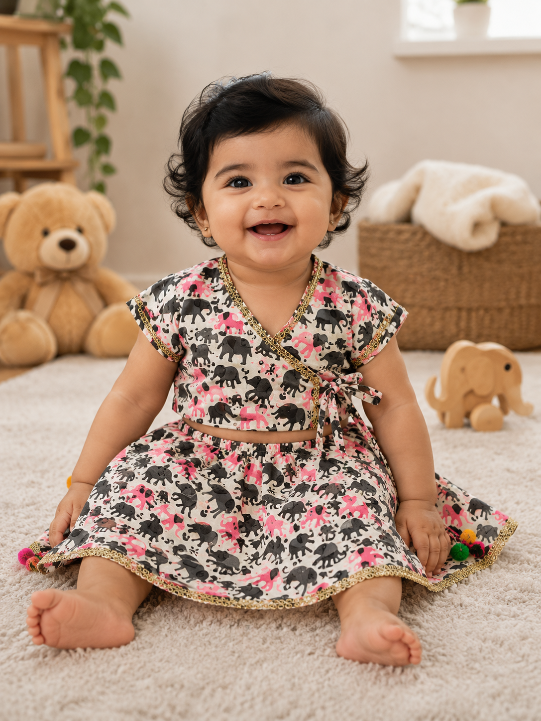 Elephant Print Traditional Lehenga Choli Set – Pink & Grey - Mamadada