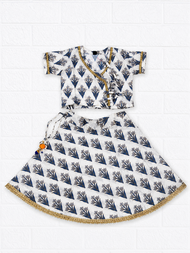 White & Navy Blue Floral Print Traditional Lehenga Choli Set