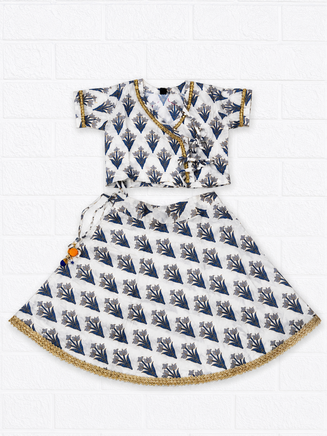 White & Navy Blue Floral Print Traditional Lehenga Choli Set