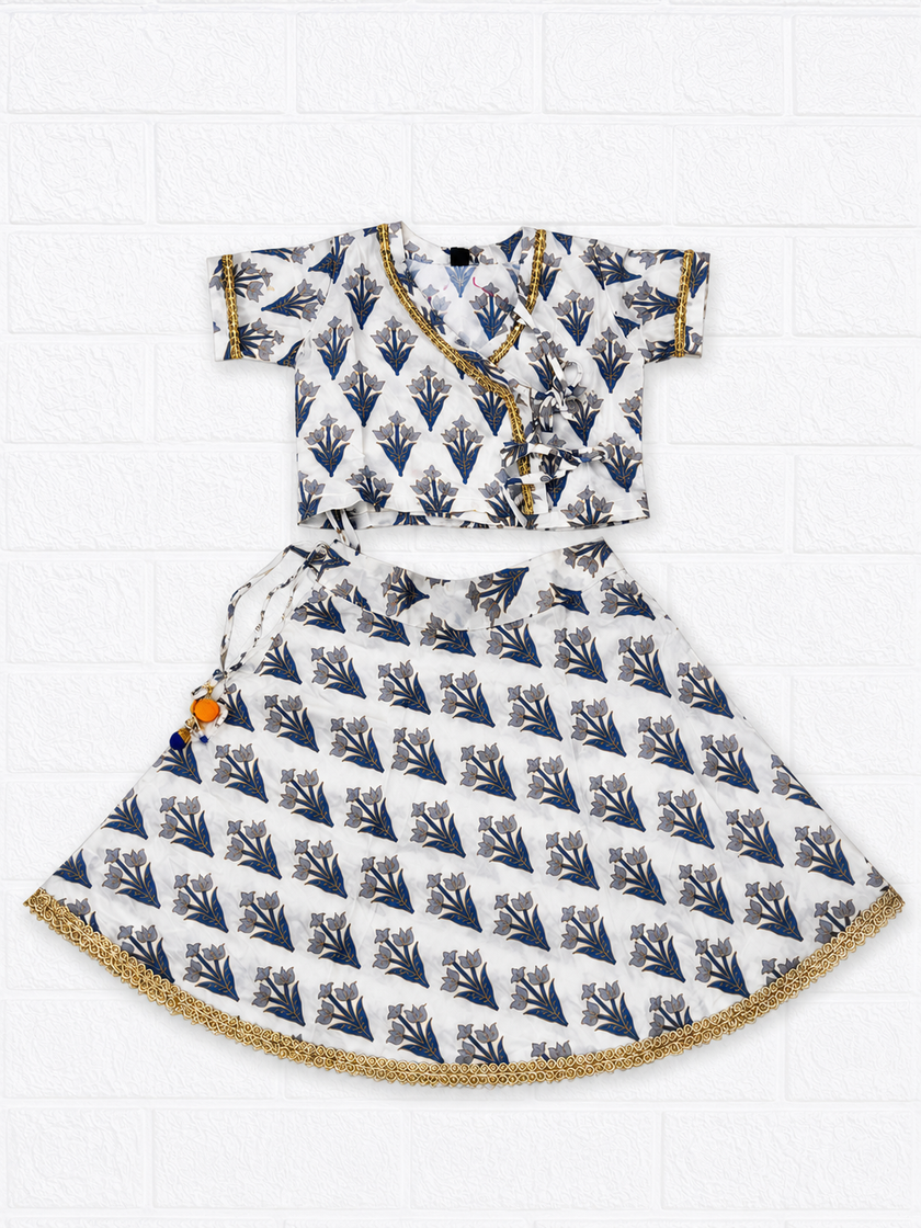 White & Navy Blue Floral Print Traditional Lehenga Choli Set