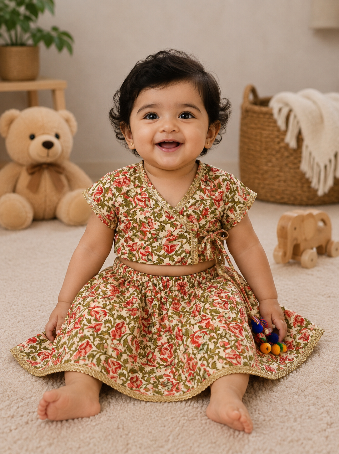 Ivory Floral Print Traditional Lehenga Choli Set - Mamadada