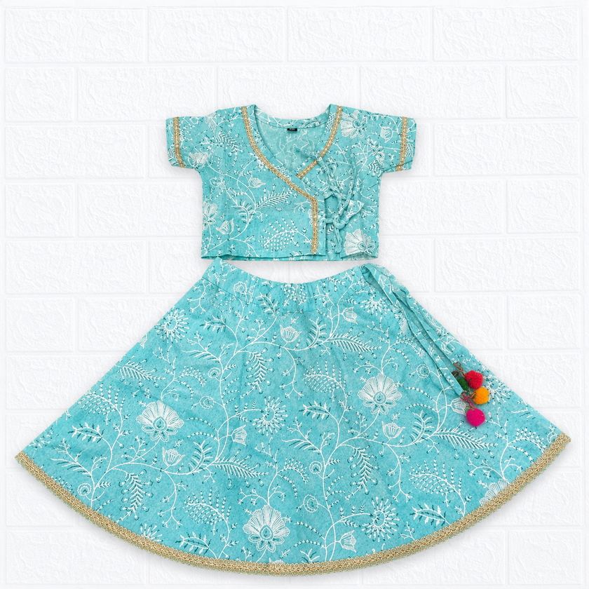 Aqua Blue Floral Print Traditional Lehenga Choli Set