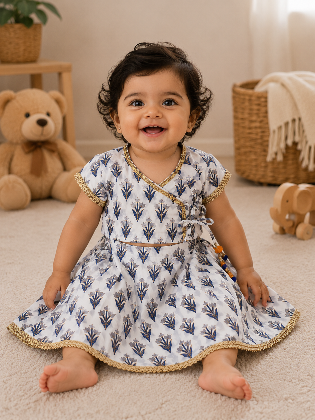 White & Navy Blue Floral Print Traditional Lehenga Choli Set