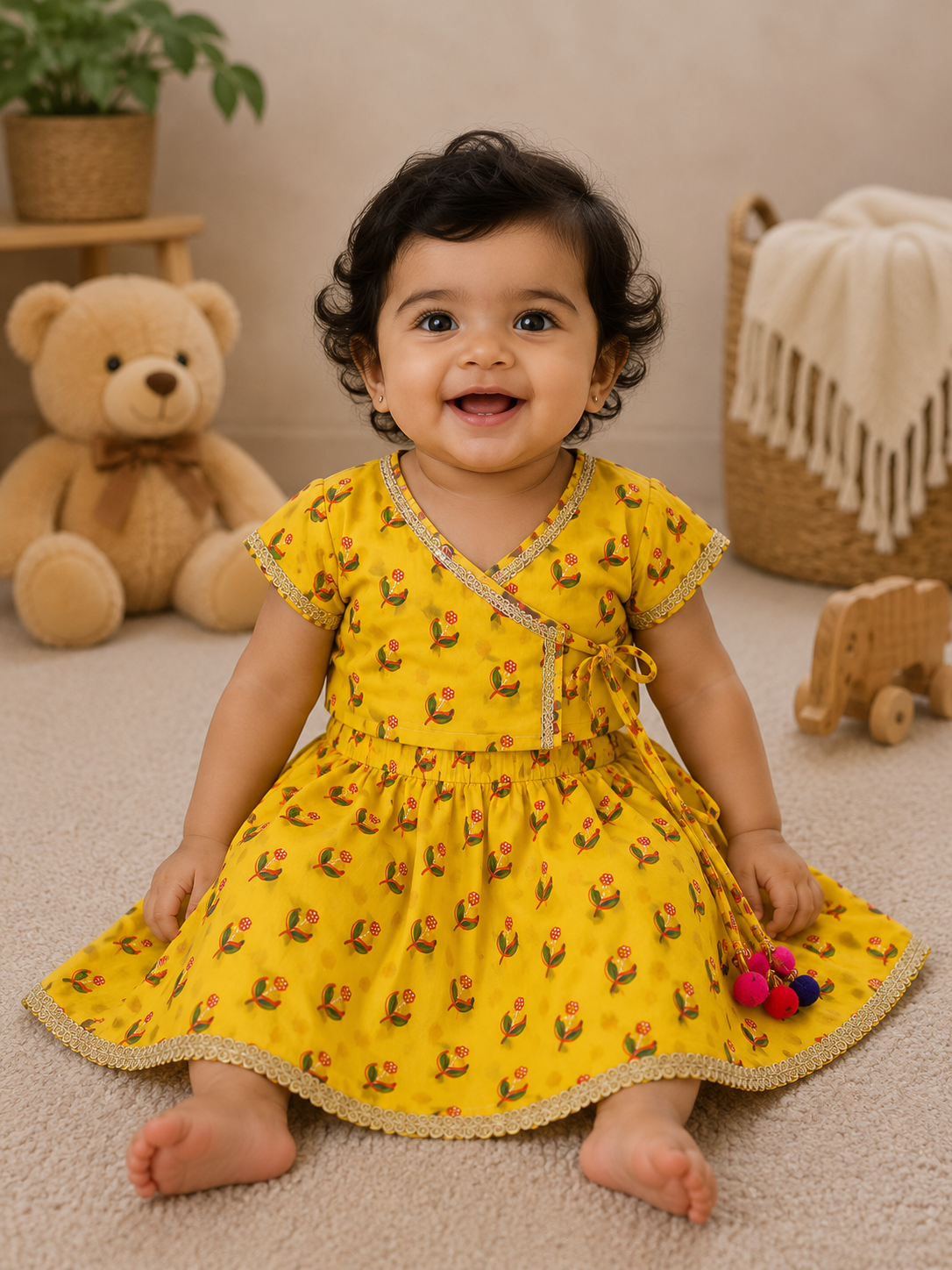 Bright Yellow Floral Print Traditional Lehenga Choli Set - Mamadada