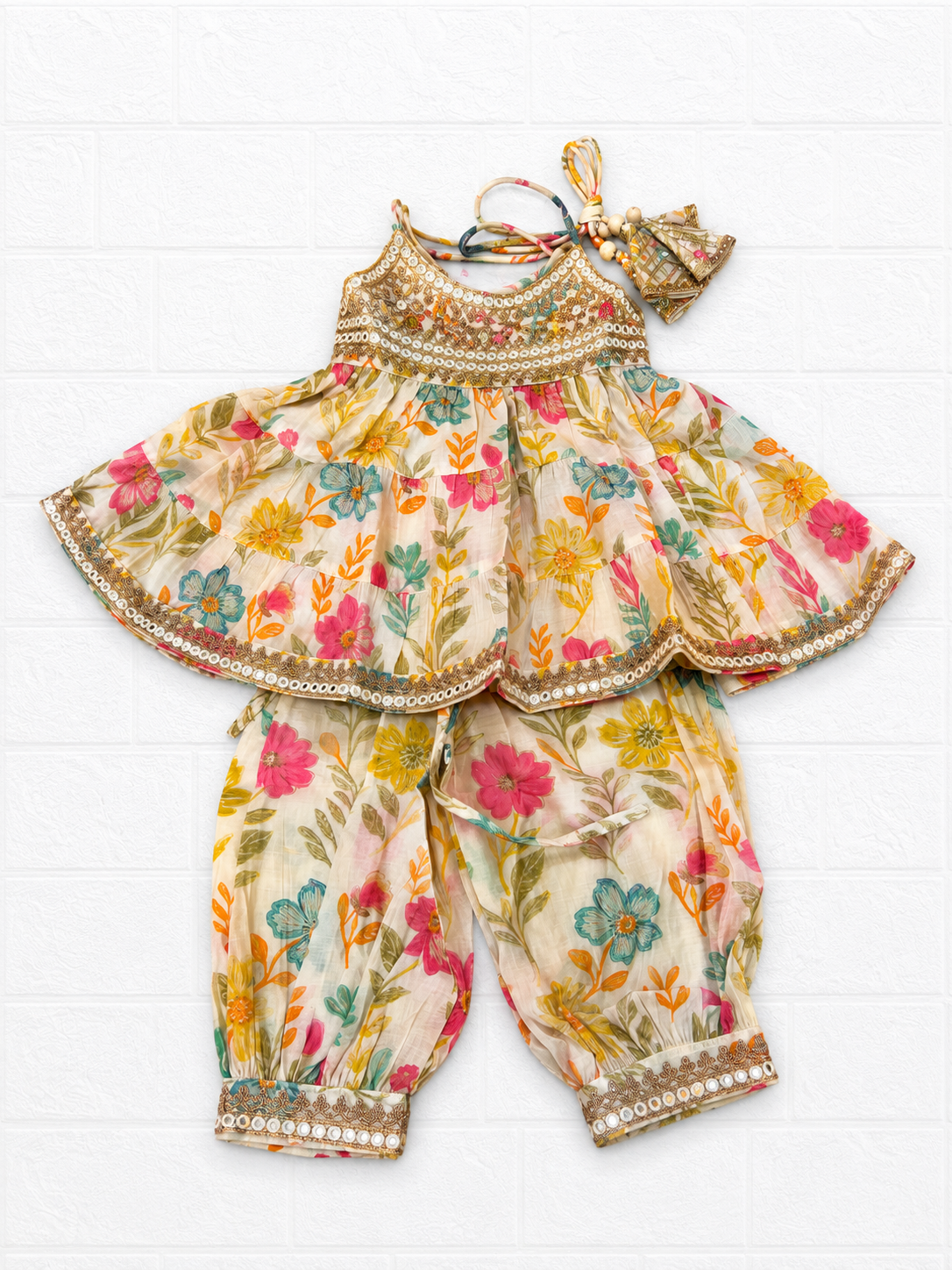Multicolor Floral Print Peplum Top & Dhoti Pant Ethnic Set