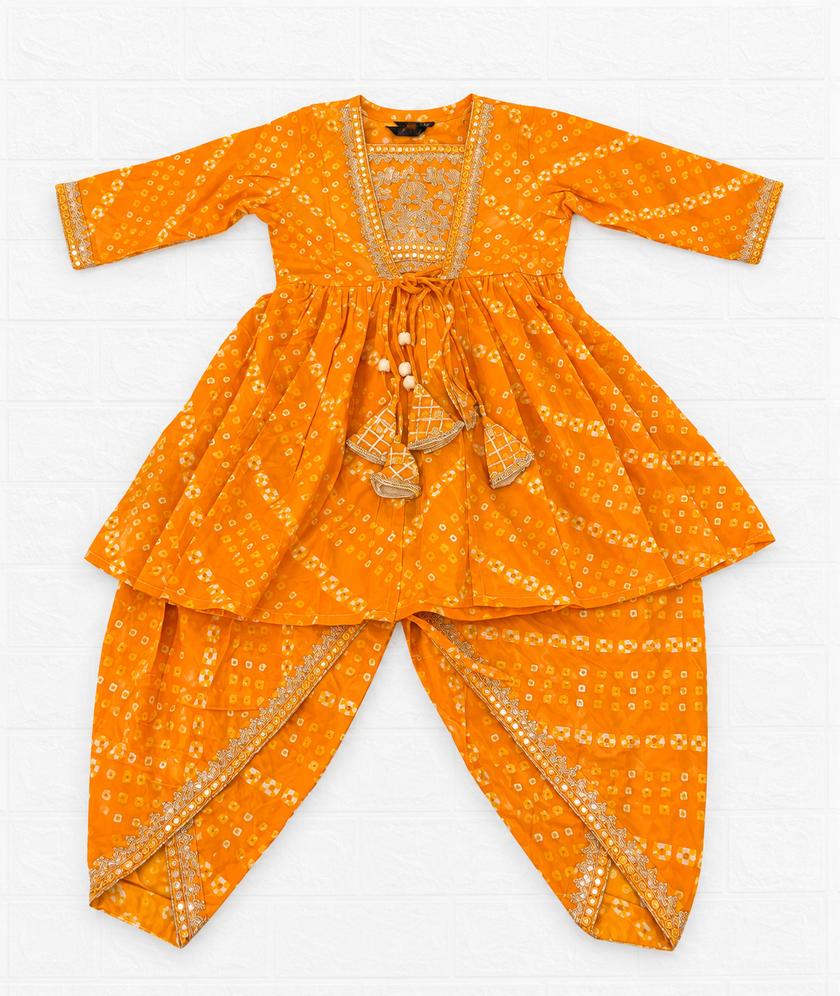 Yellow Bandhani Print Peplum Kurti & Dhoti Pant Set