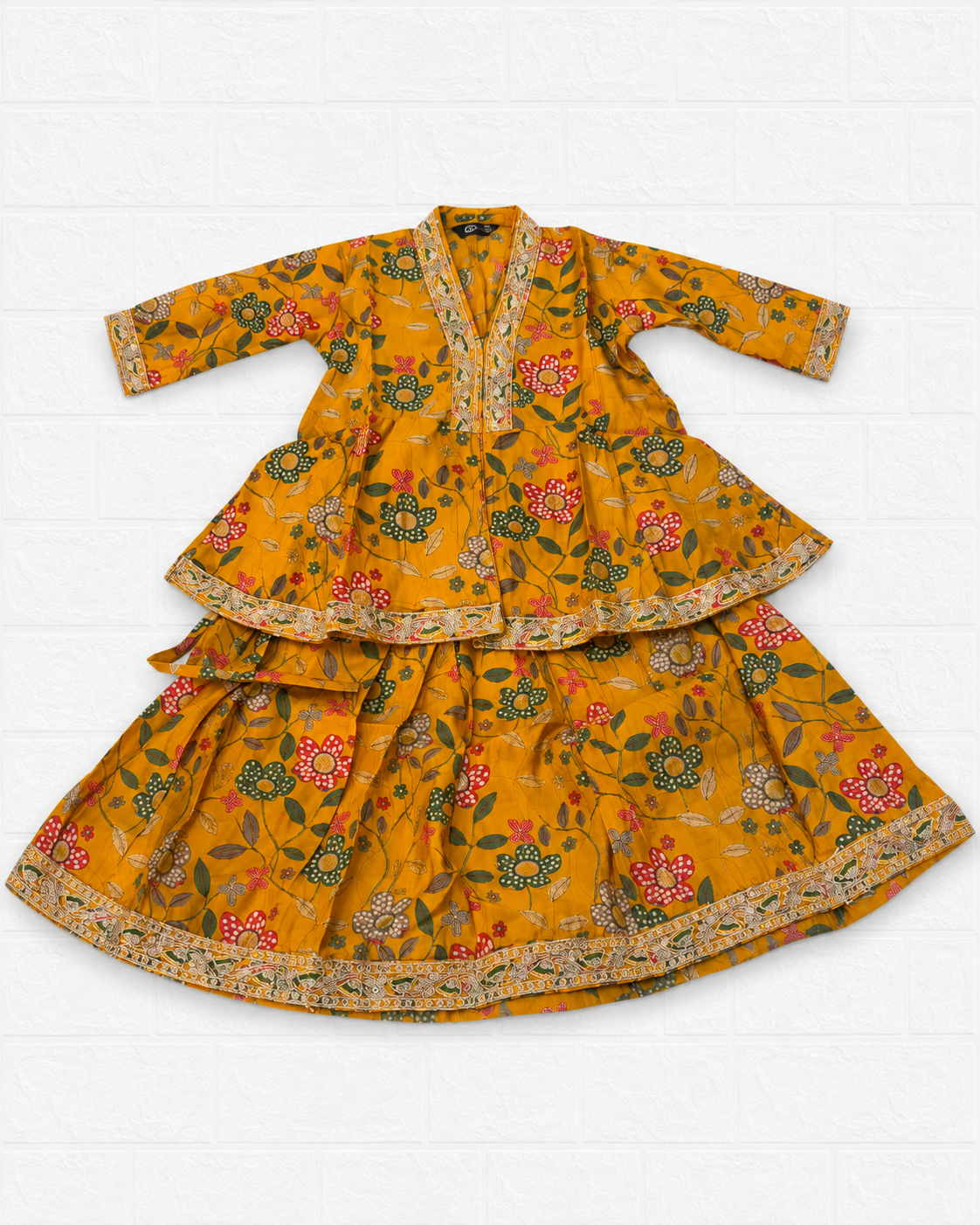 Mustard Yellow Floral Print Peplum Lehenga Set