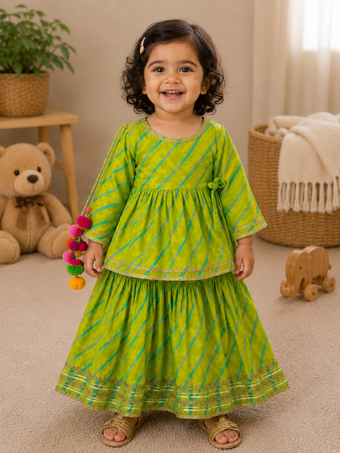 Lime Green Leheriya Print Peplum Lehenga Set - Mamadada