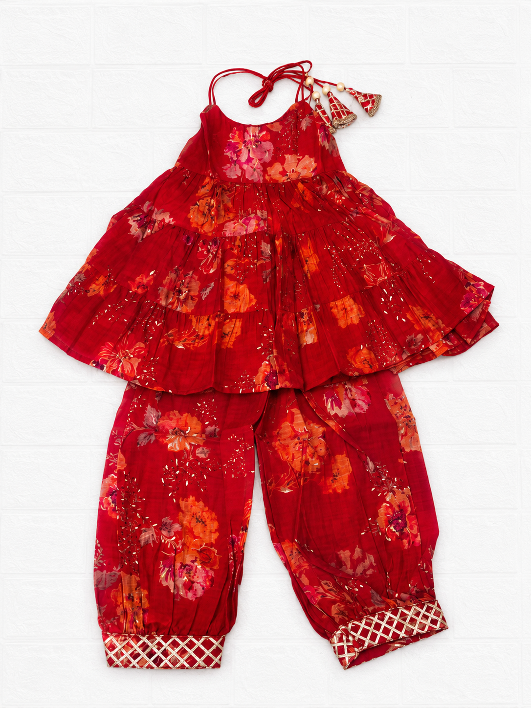 Red Floral Tiered Kurti with Dhoti Pant Set - Mamadada