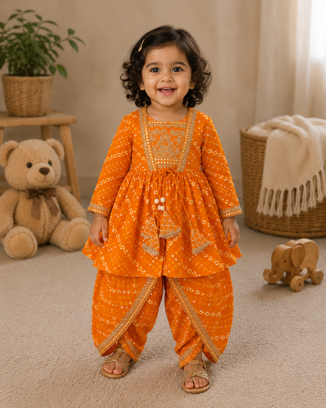 Yellow Bandhani Print Peplum Kurti & Dhoti Pant Set - Mamadada