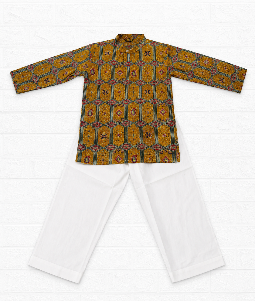 Traditional Printed Kurta with White Pants Set