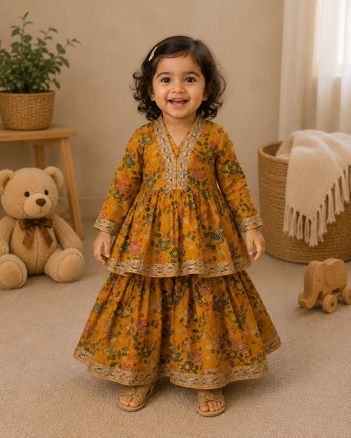 Mustard Yellow Floral Print Peplum Lehenga Set