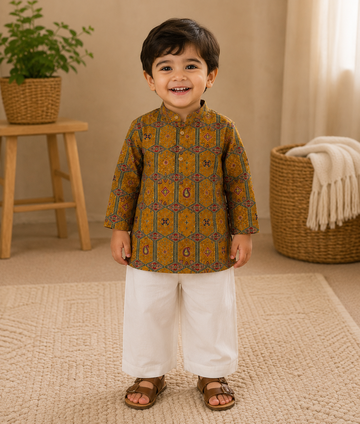 Traditional Printed Kurta with White Pants Set - Mamadada