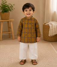 Traditional Printed Kurta with White Pants Set