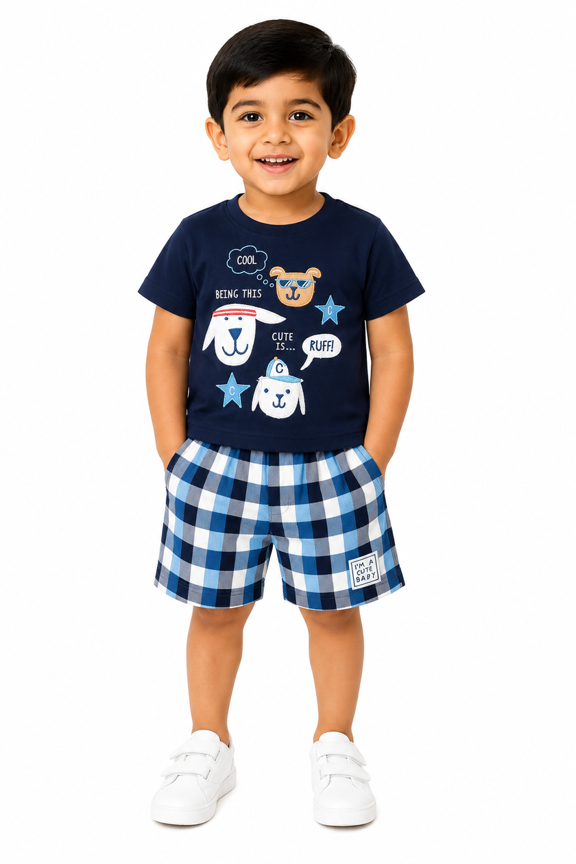 Navy Blue Dog Print with Checkered Co-Ord Set