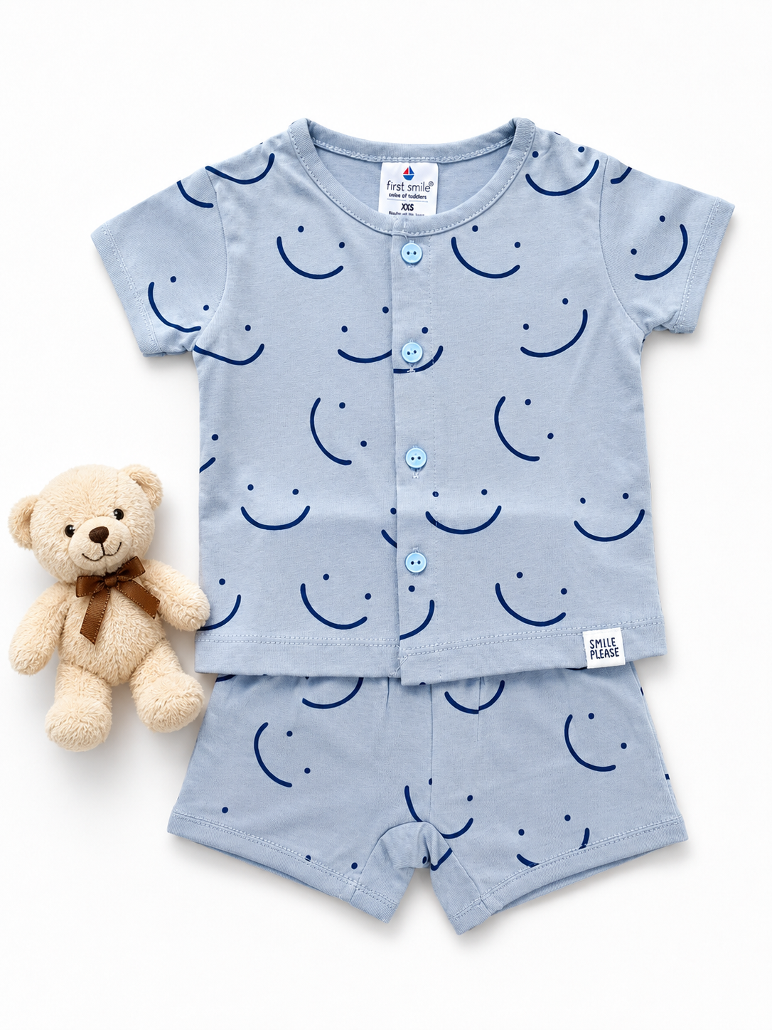 Boys Light Blue Smiley Print Shirt & Shorts Co-ord Set