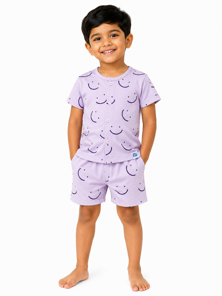 Boys Light Blue Smiley Print Shirt & Shorts Co-ord Set