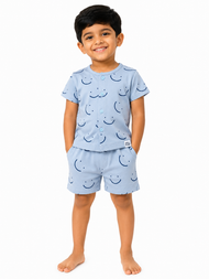 Boys Light Blue Smiley Print Shirt & Shorts Co-ord Set