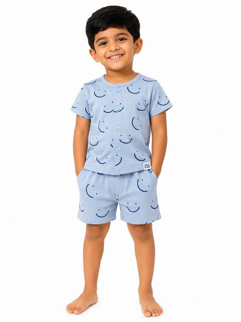 Boys Light Blue Smiley Print Shirt & Shorts Co-ord Set