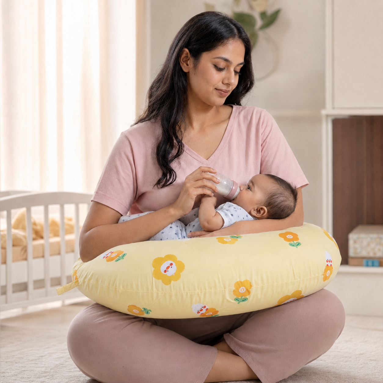 Yellow Floral & Chicken Print Nursing and Feeding Pillow