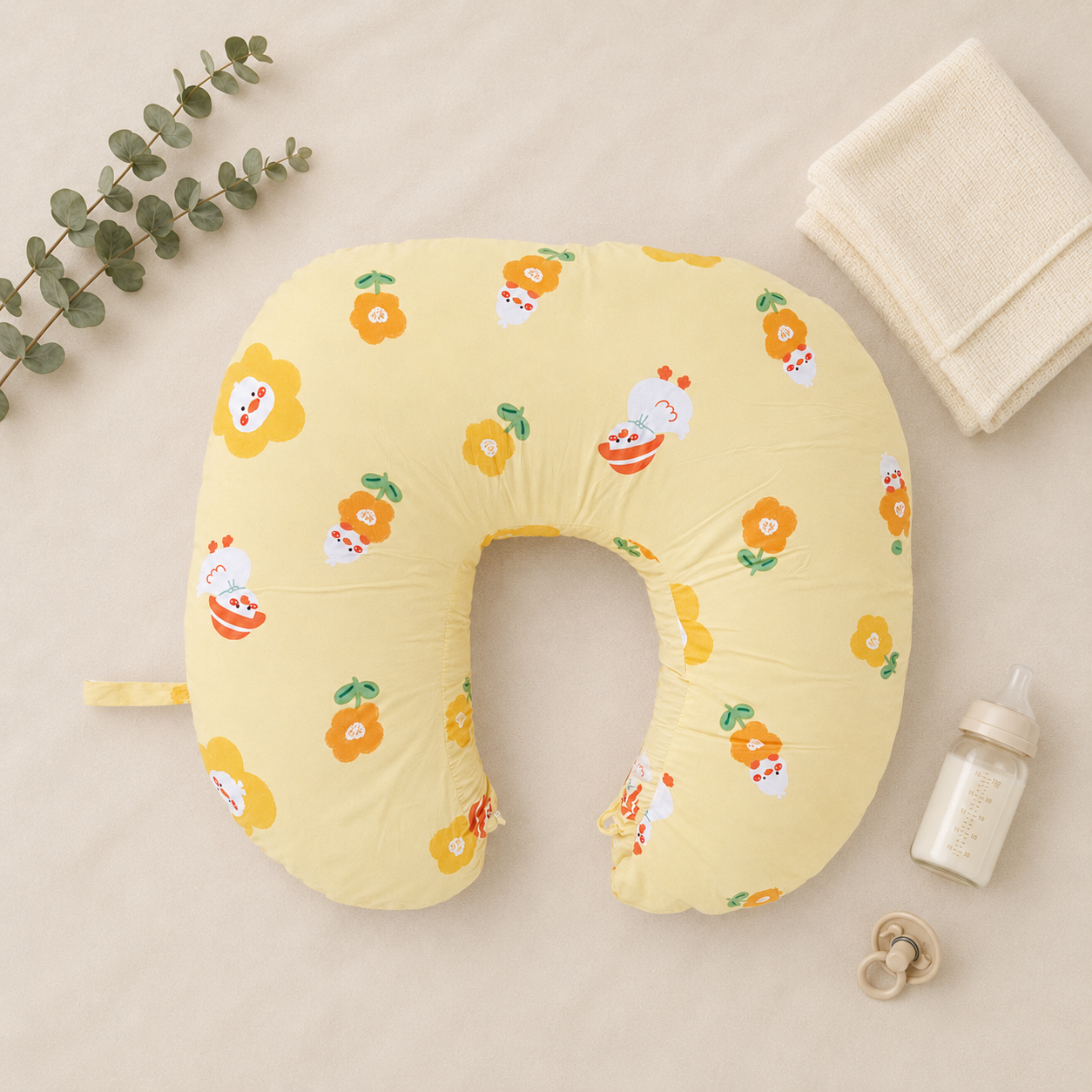 Yellow Floral & Chicken Print Nursing and Feeding Pillow