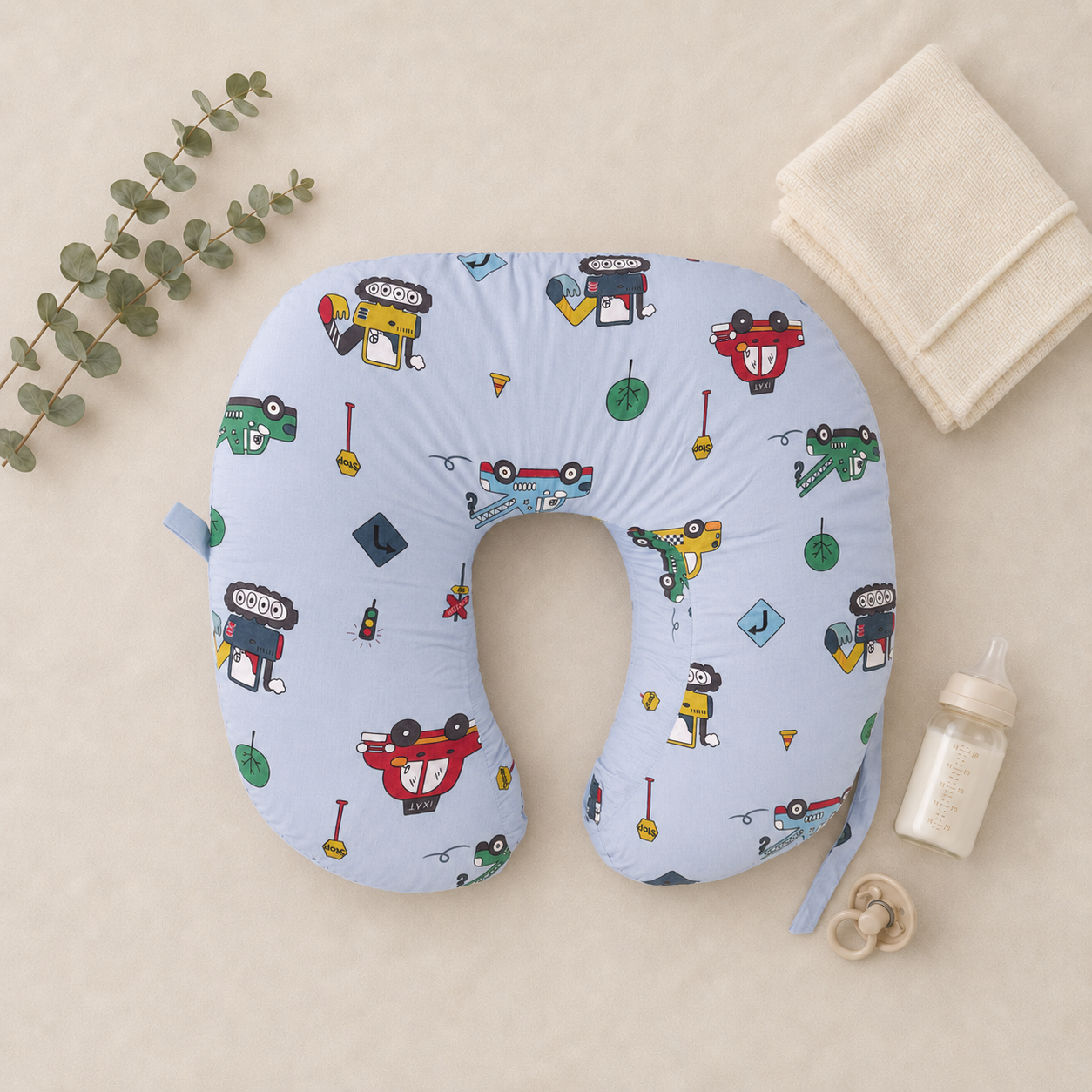 Blue Vehicle Print Nursing and Feeding Pillow